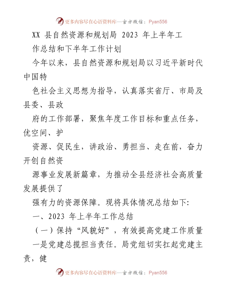 [工作总结] 政府部门 - XX 县自然资源和规划局2023年上半年工作总结及下半年计划.docx_第1页