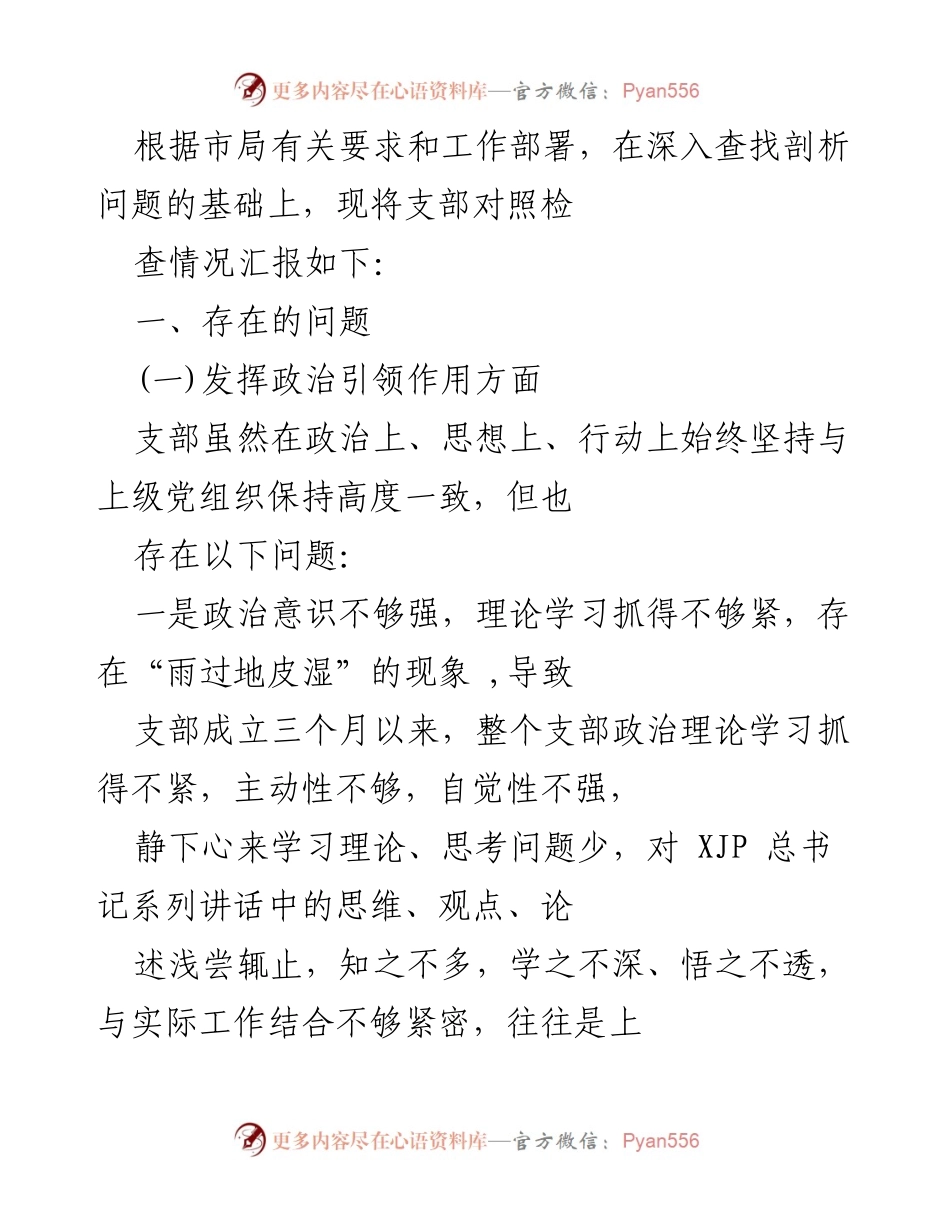 [工作总结] 支部政治生活 - 支部对照检查情况汇报及存在问题分析.docx_第1页