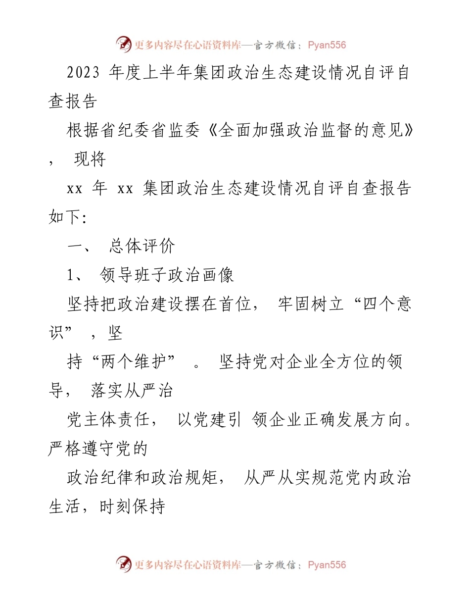 [工作总结] 政治生态建设 - 2023年上半年集团政治生态建设自评自查报告.docx_第1页