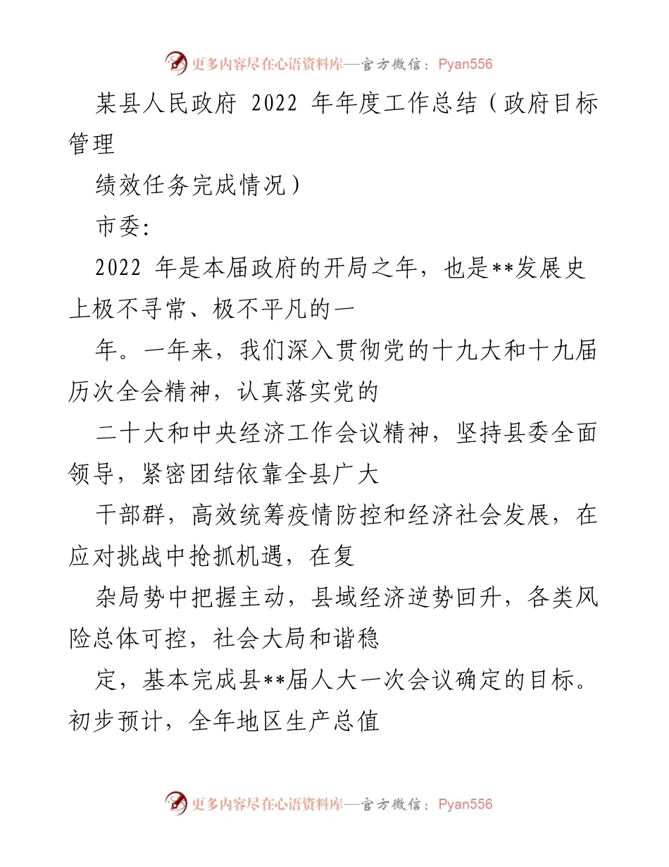 [工作总结] 政府年度总结 - 2022年某县人民政府年度工作总结与绩效回顾.docx_第1页
