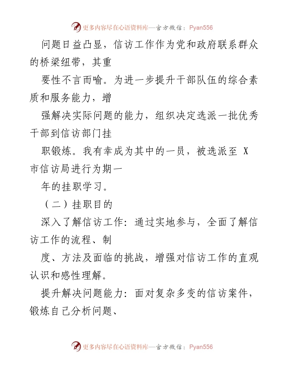 [工作总结] 挂职锻炼 - X市信访局挂职锻炼工作总结.docx_第2页
