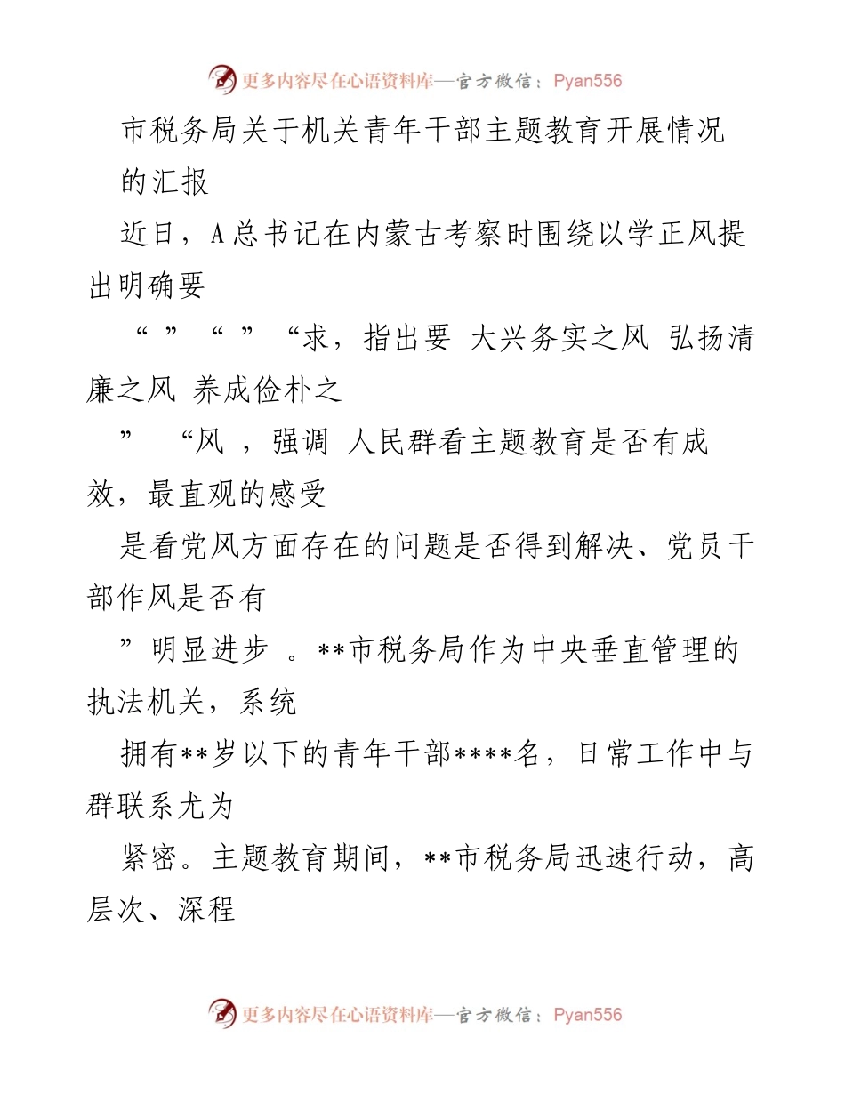 [工作总结] 机关青年干部主题教育 - 市税务局青年干部主题教育开展情况汇报_1.docx_第1页