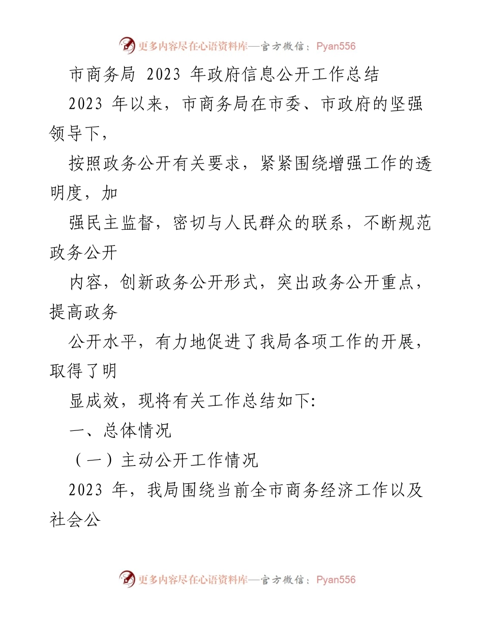 [工作总结] 政府信息公开 - 市商务局2023年政府信息公开工作总结.docx_第1页