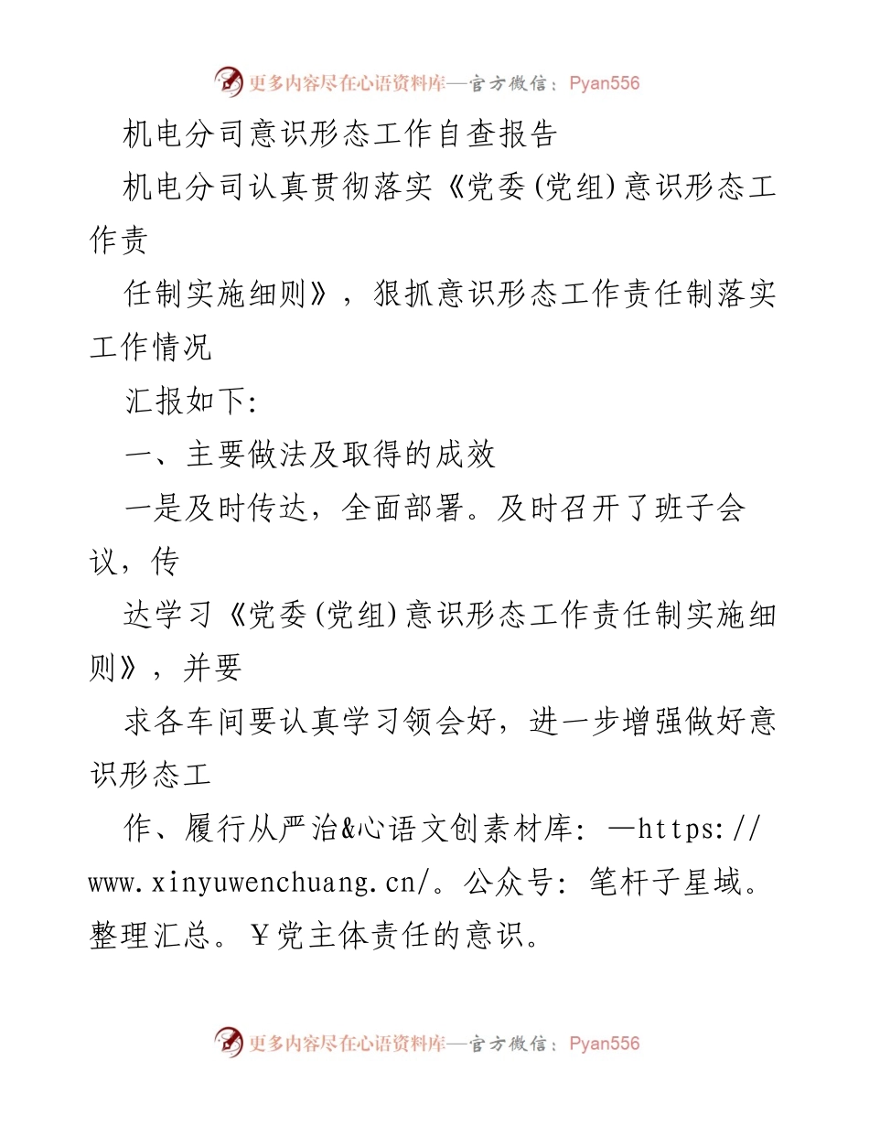 [工作总结] 机电分司意识形态工作 - 机电分司意识形态工作自查报告及改进计划.docx_第1页