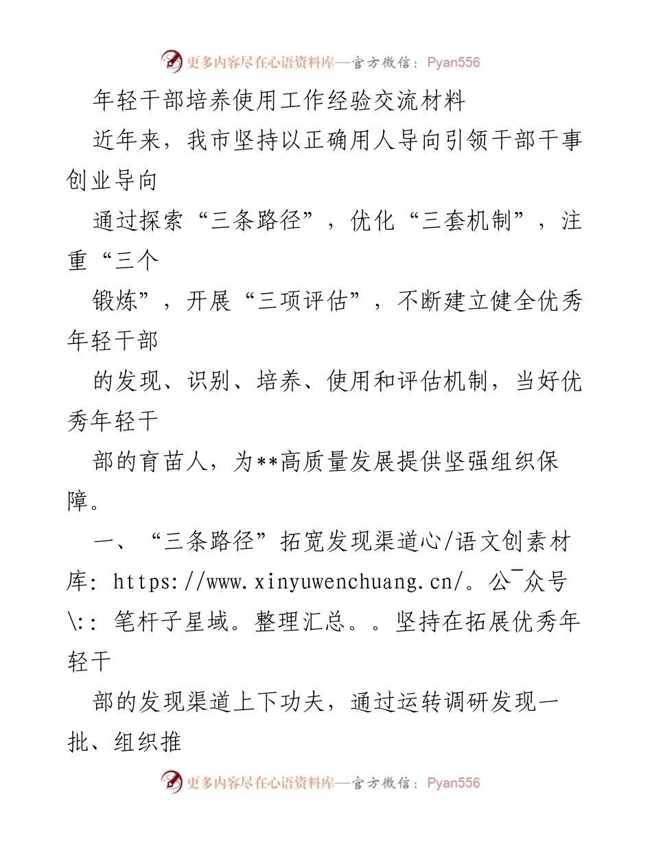[工作总结] 年轻干部培养 - 优化年轻干部发现与培养机制的实践经验.docx_第1页