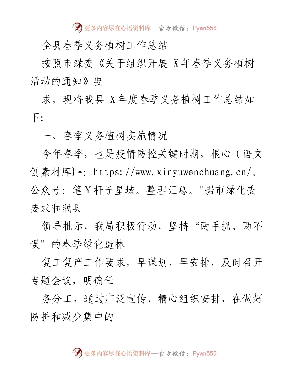 [工作总结] 春季义务植树活动 - 全县春季义务植树工作总结报告.docx_第1页