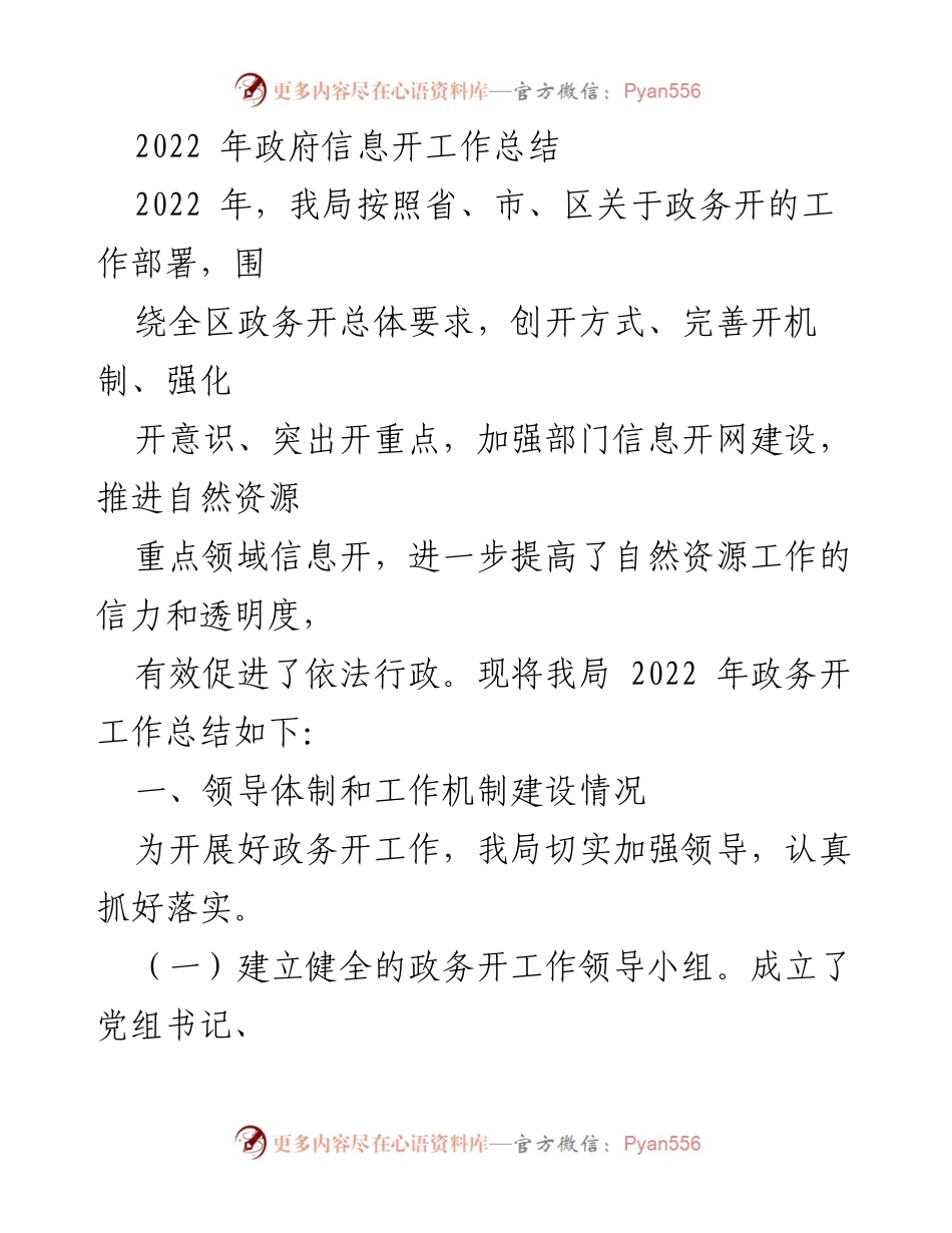[工作总结] 政务信息公开 - 2022年自然资源局政务信息公开工作总结.docx_第1页
