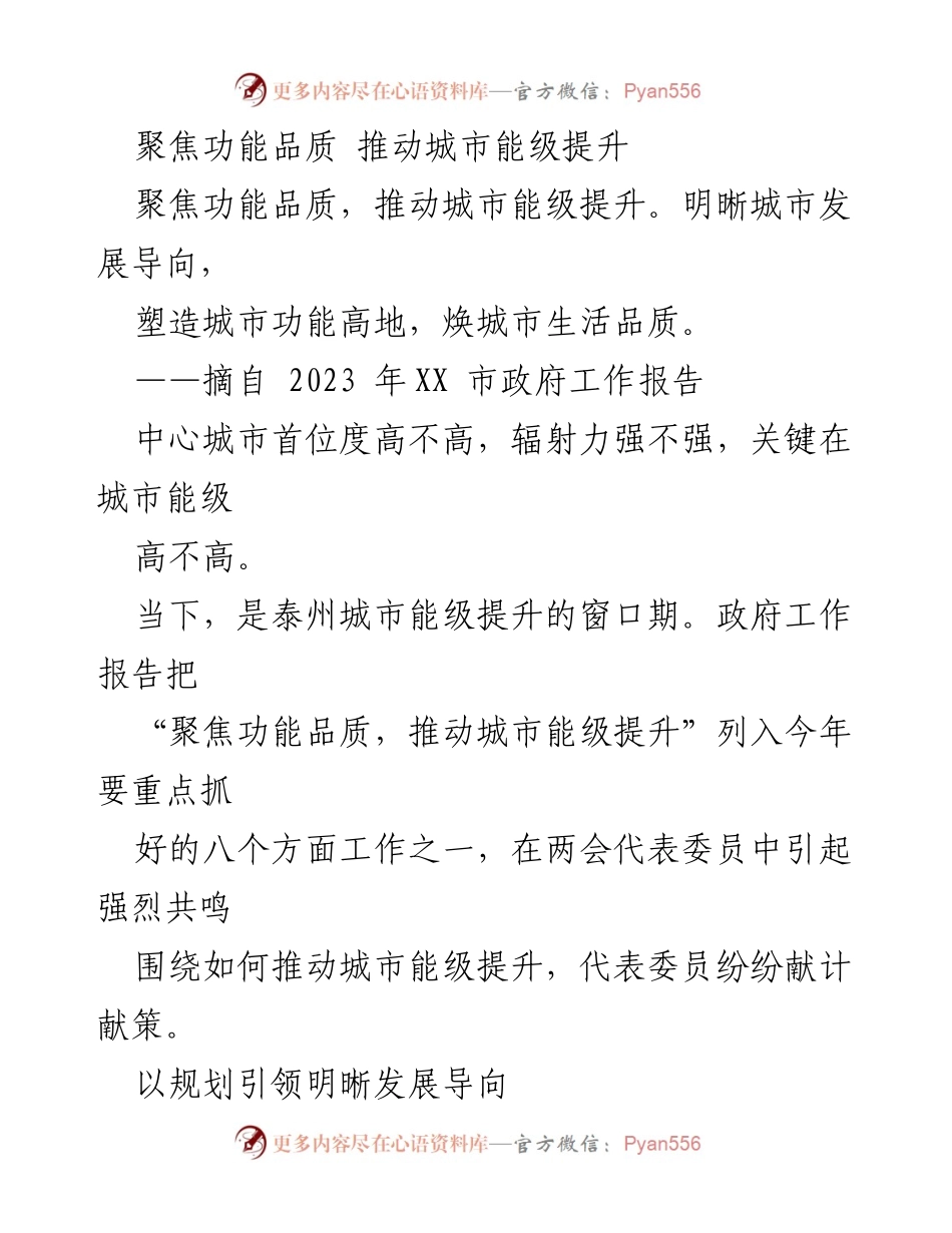 [工作总结] 政府工作会议 - 聚焦功能品质，推动城市能级提升.docx_第1页