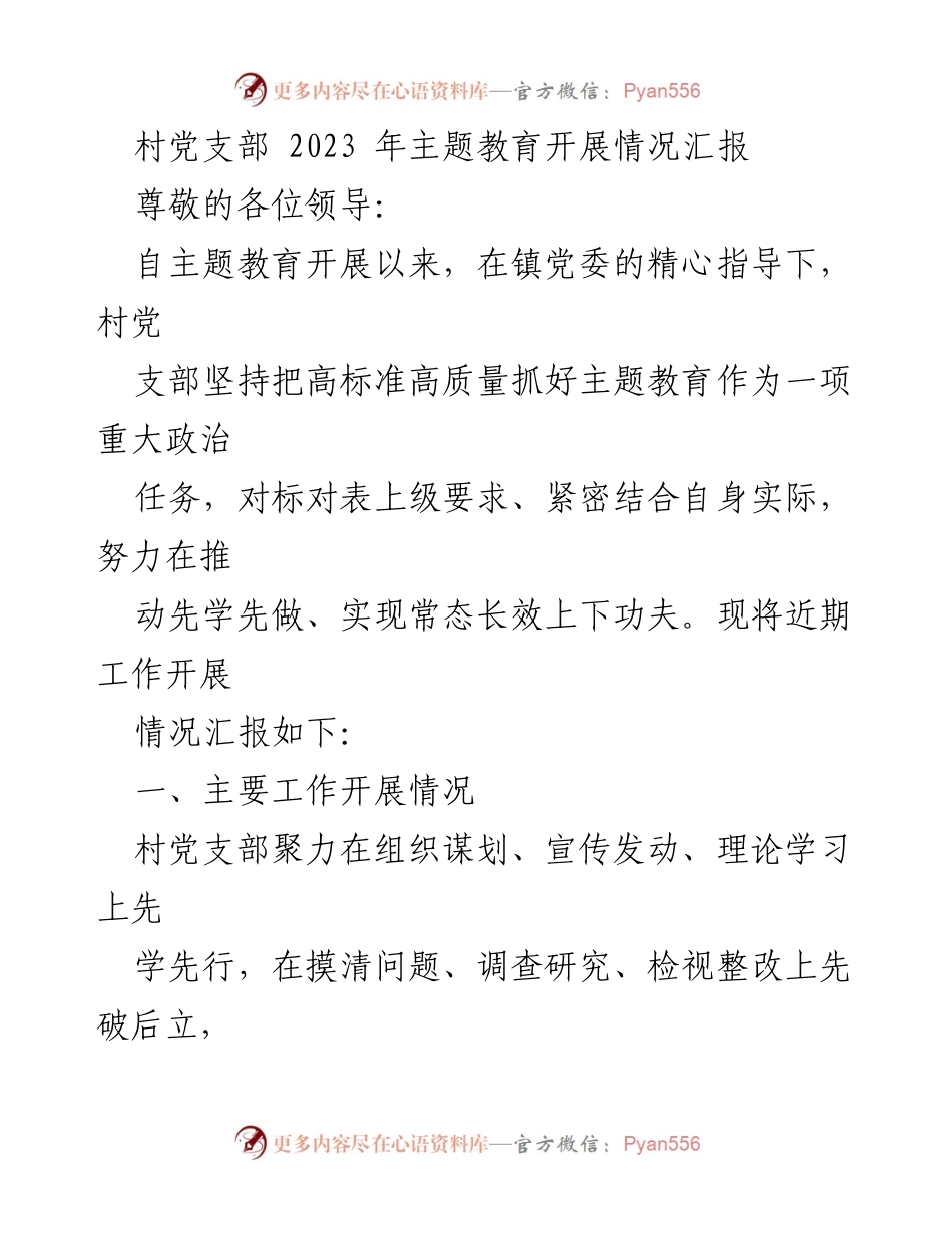 [工作总结] 村党支部 - 2023年主题教育开展情况汇报_1.docx_第1页