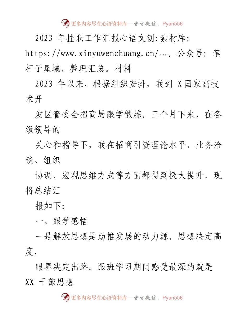[工作总结] 挂职工作 - 2023年挂职工作总结与招商引资经验分享.docx_第1页