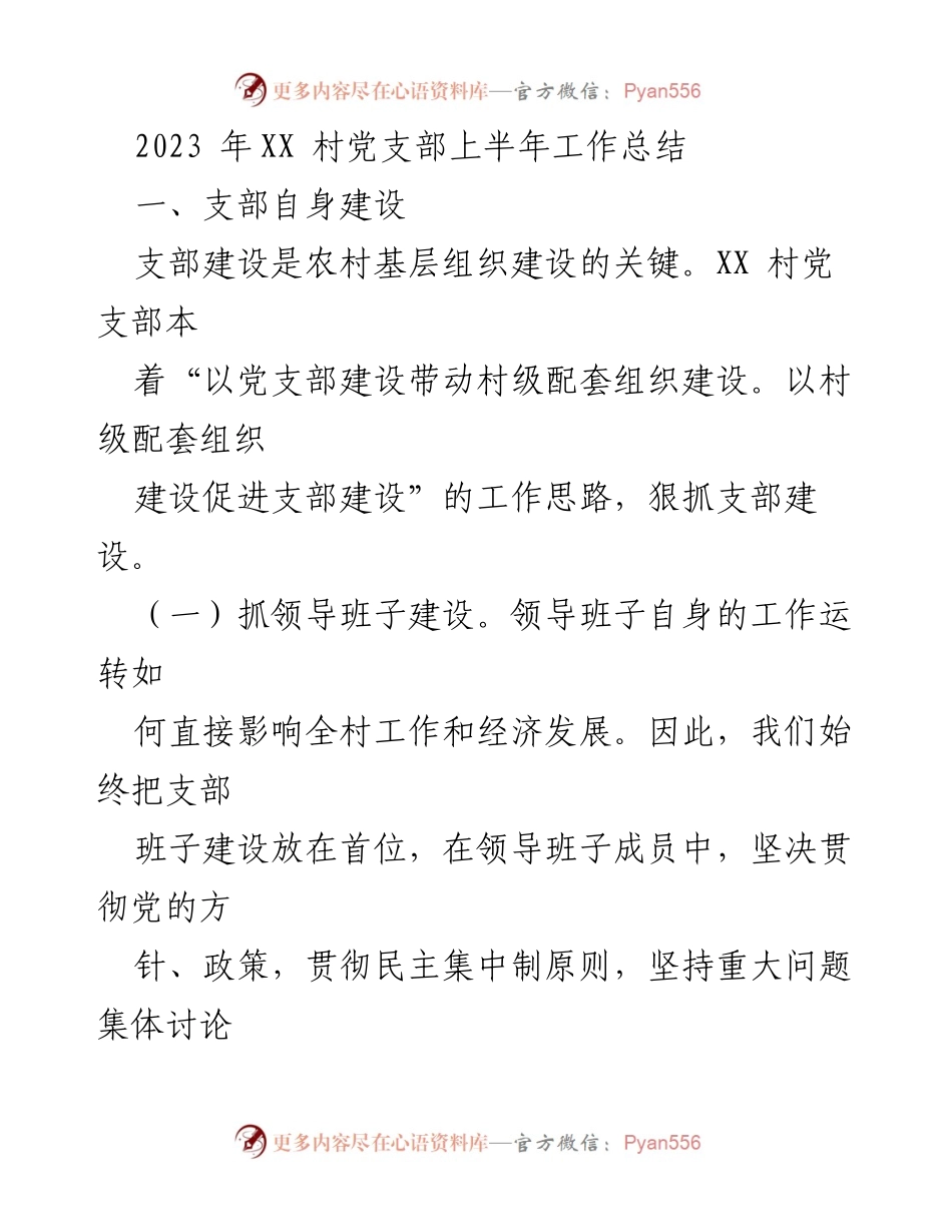 [工作总结] 村党支部 - 2023年XX村党支部上半年工作总结与发展策略.docx_第1页