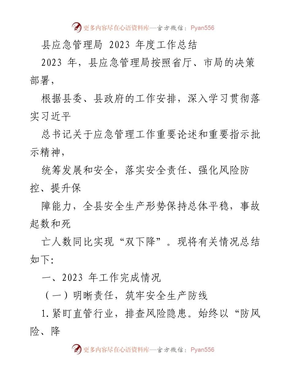 [工作总结] 应急管理局年度总结 - 2023年县应急管理局工作总结与安全生产成效分析.docx_第1页