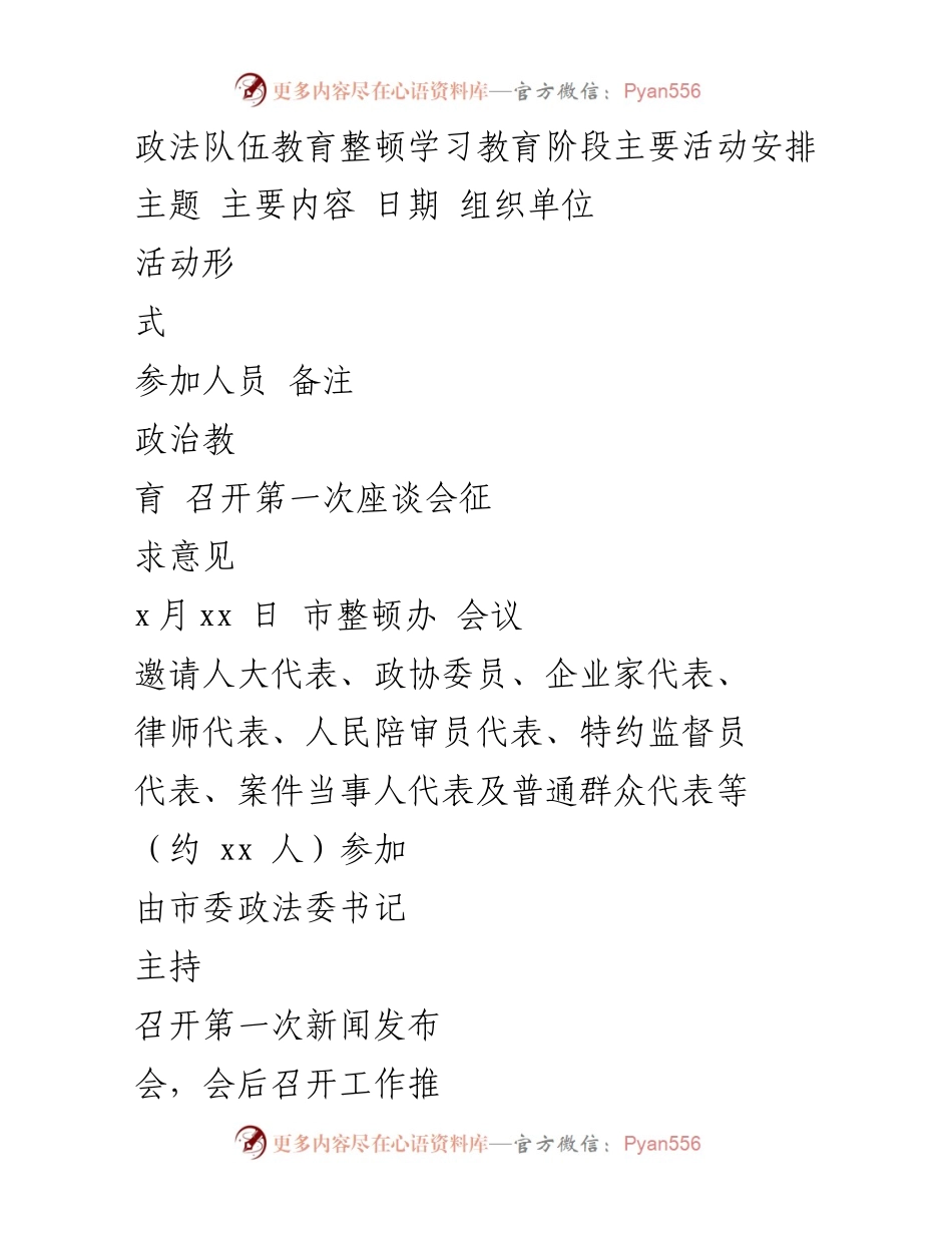 [工作总结] 政法队伍教育整顿 - 主要活动安排与实施计划.docx_第1页