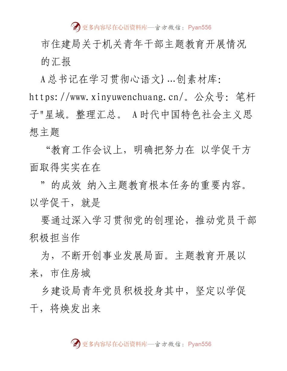 [工作总结] 机关青年干部主题教育 - 市住建局青年干部主题教育开展情况汇报.docx_第1页