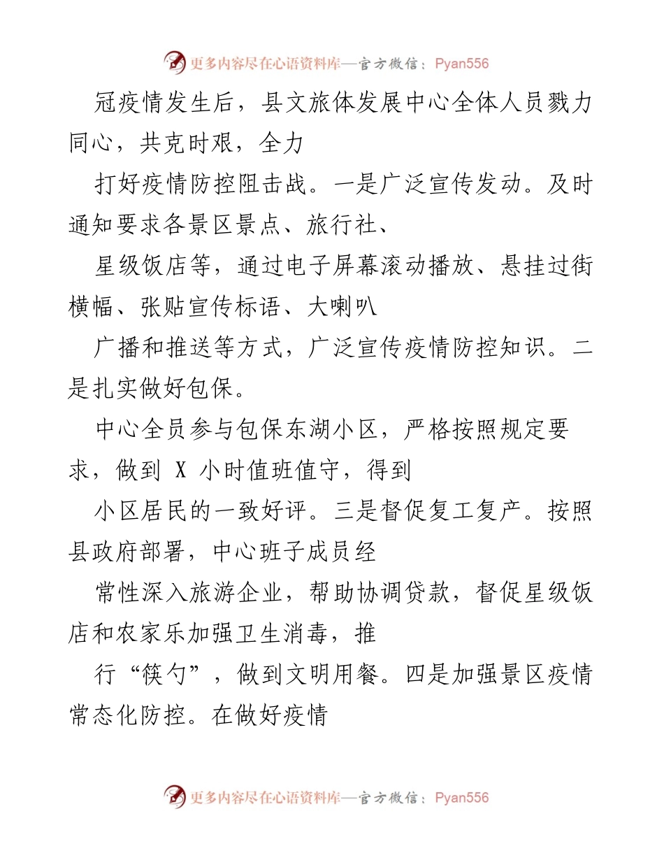[工作总结] 旅游业发展 - 202X年县文旅体发展中心工作总结与疫情防控措施.docx_第2页