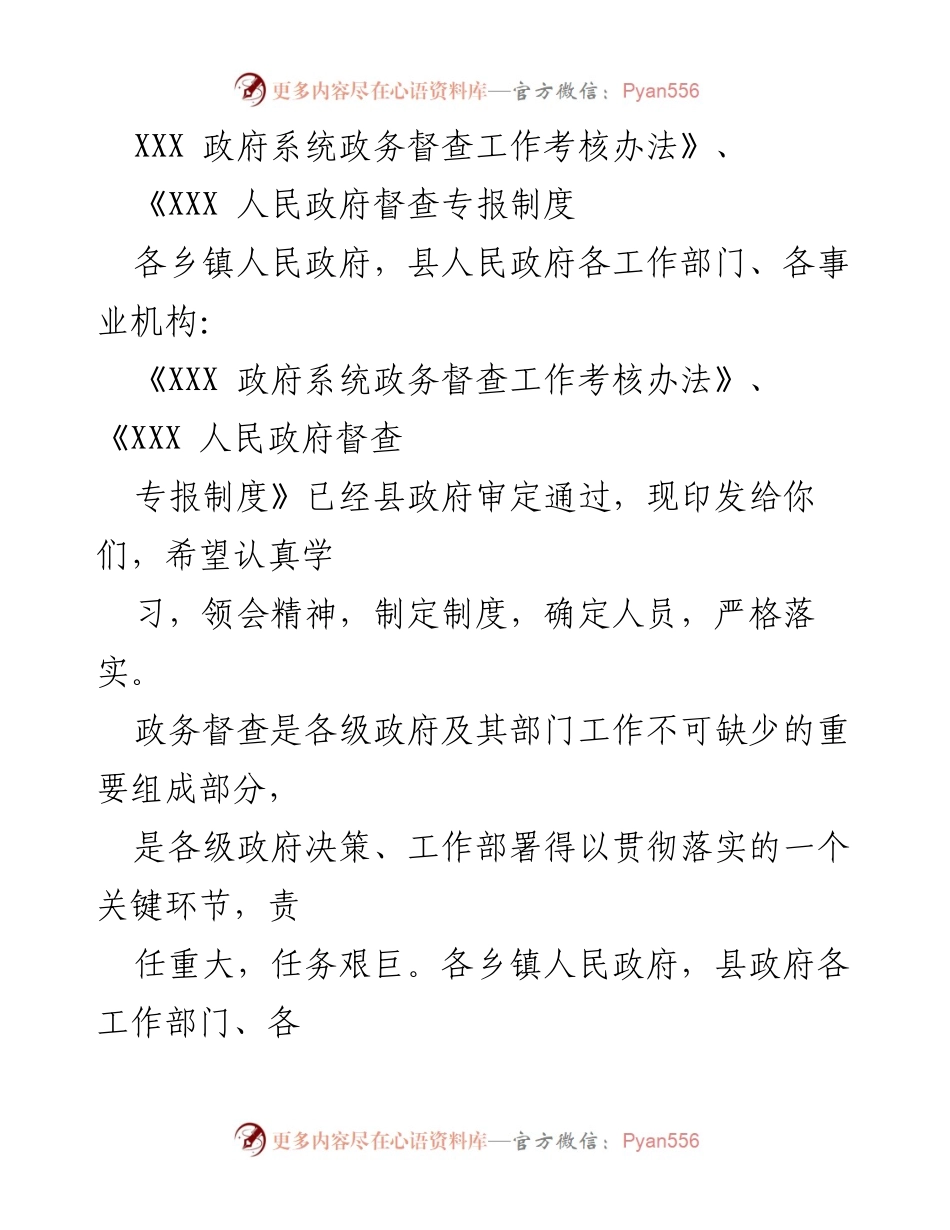 [工作总结] 政务督查工作 - 《XXX 政府系统政务督查工作考核办法及督查专报制度实施情况总结》.docx_第1页