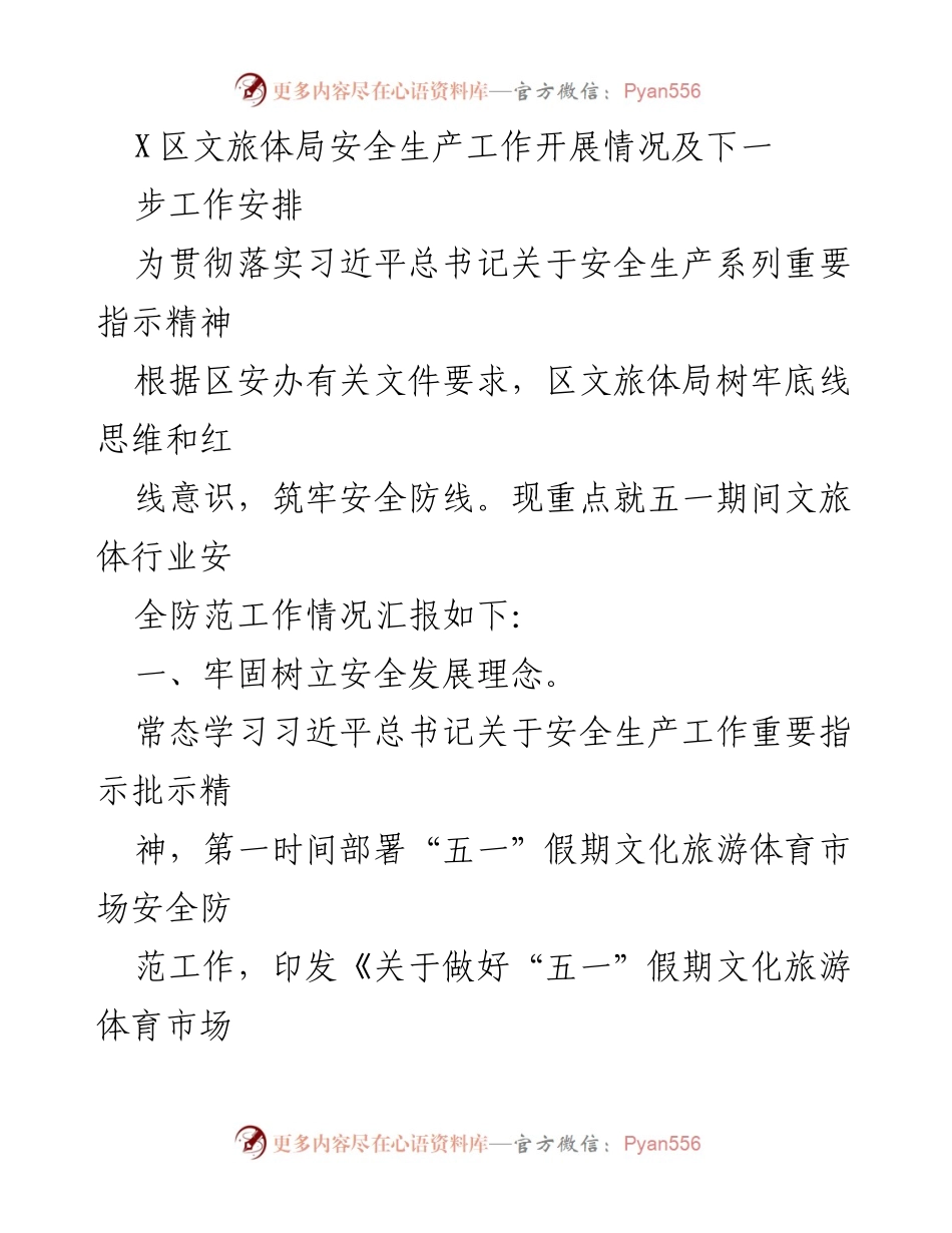 [工作总结] 文旅体局安全生产工作 - X区文旅体局安全生产工作开展情况及下一步安排.docx_第1页