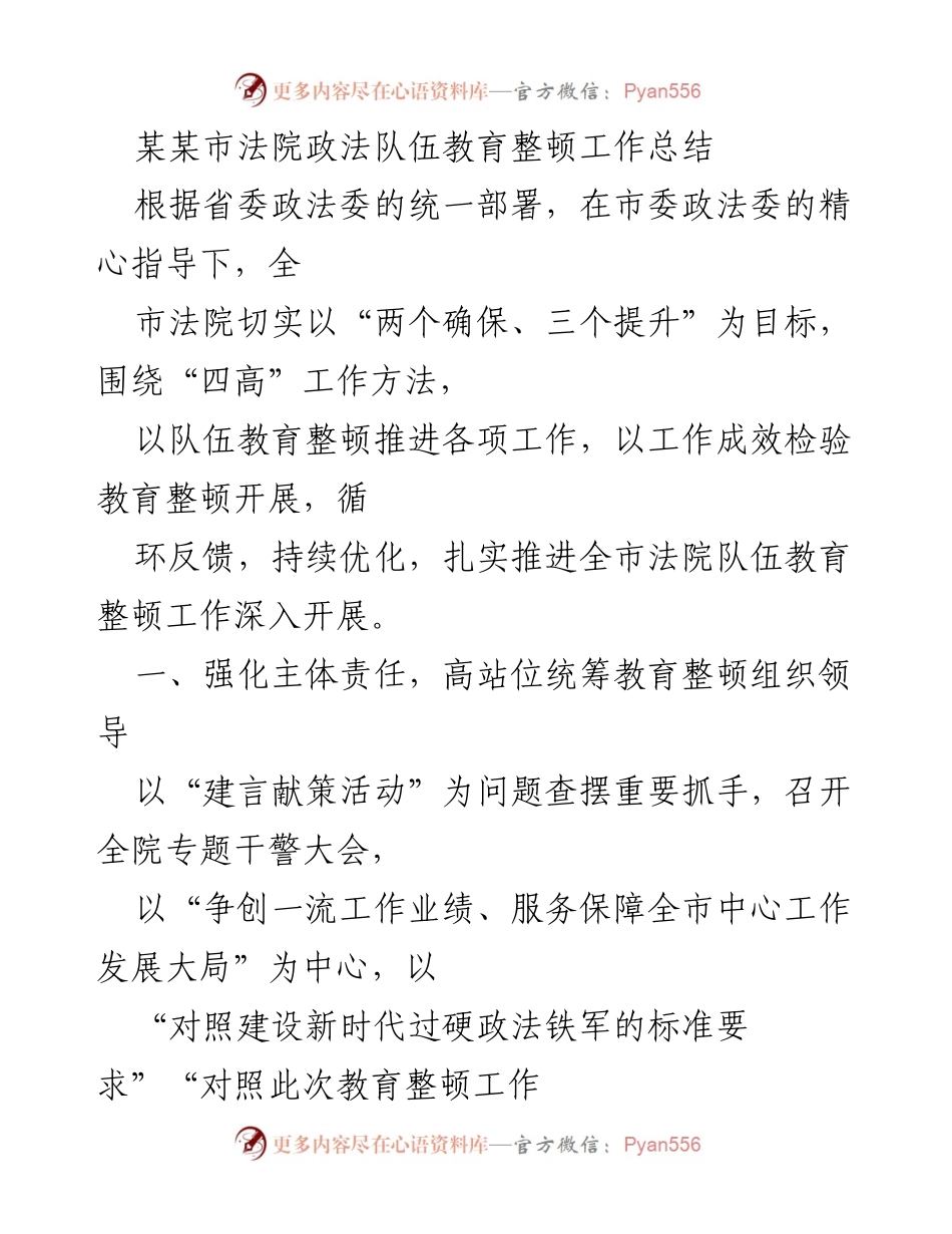 [工作总结] 政法队伍教育整顿 - 某某市法院政法队伍教育整顿工作总结.docx_第1页