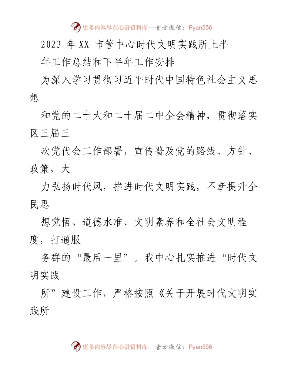 [工作总结] 时代文明实践所 - 2023年上半年工作总结与下半年工作安排.docx_第1页
