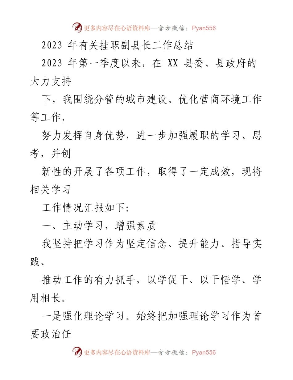 [工作总结] 挂职副县长 - 2023年挂职副县长工作总结与履职成效报告.docx_第1页