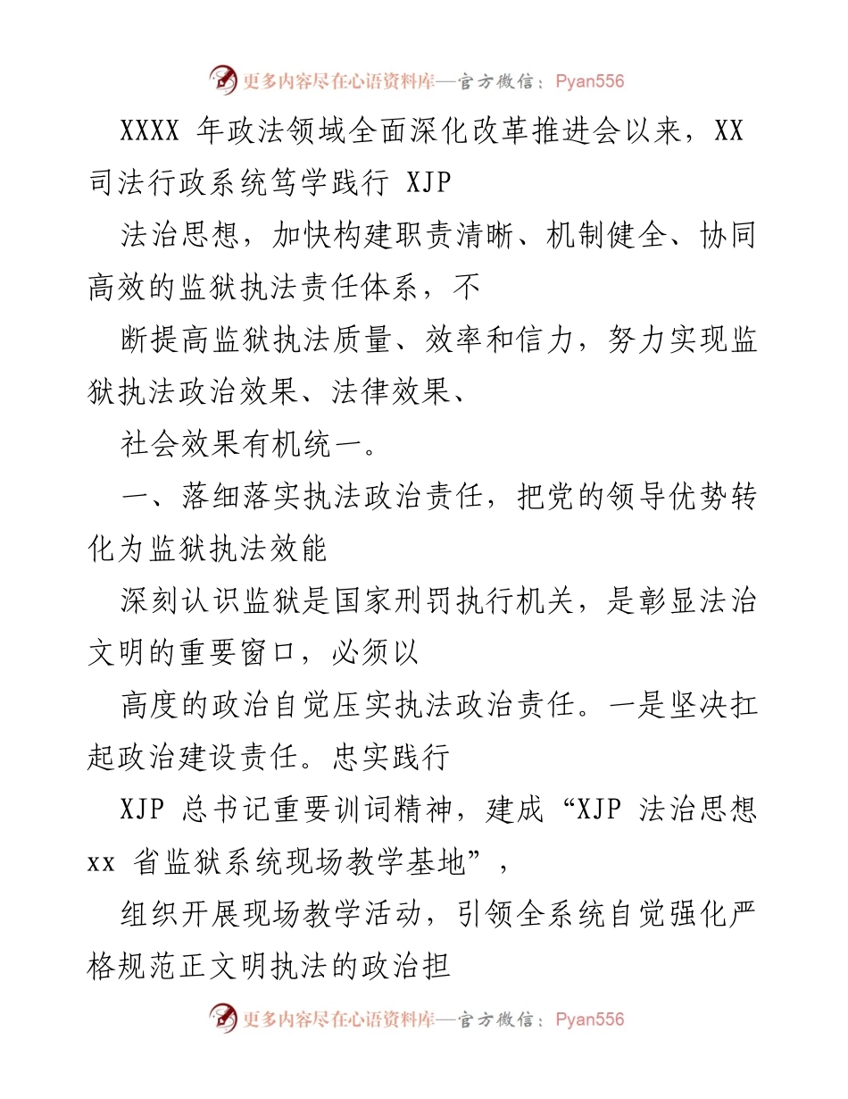 [工作总结] 政法领域全面深化改革推进会 - 提升监狱执法责任体系建设与执行效果的总结报告.docx_第1页