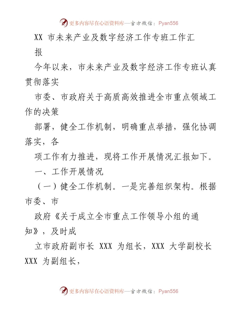 [工作总结] 未来产业及数字经济工作专班 - XX市数字经济工作开展情况汇报.docx_第1页