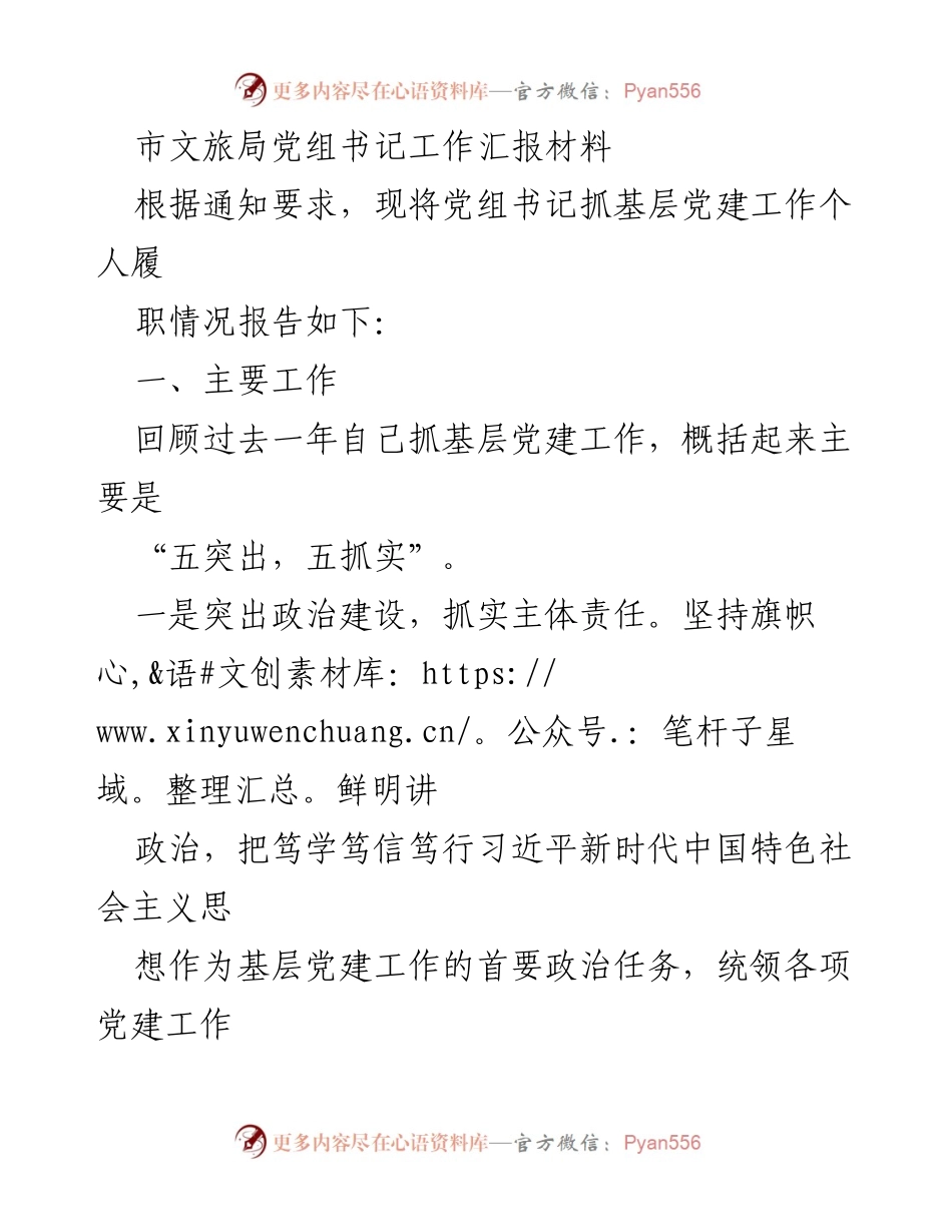 [工作总结] 文旅局党组书记 - 基层党建工作履职情况汇报.docx_第1页