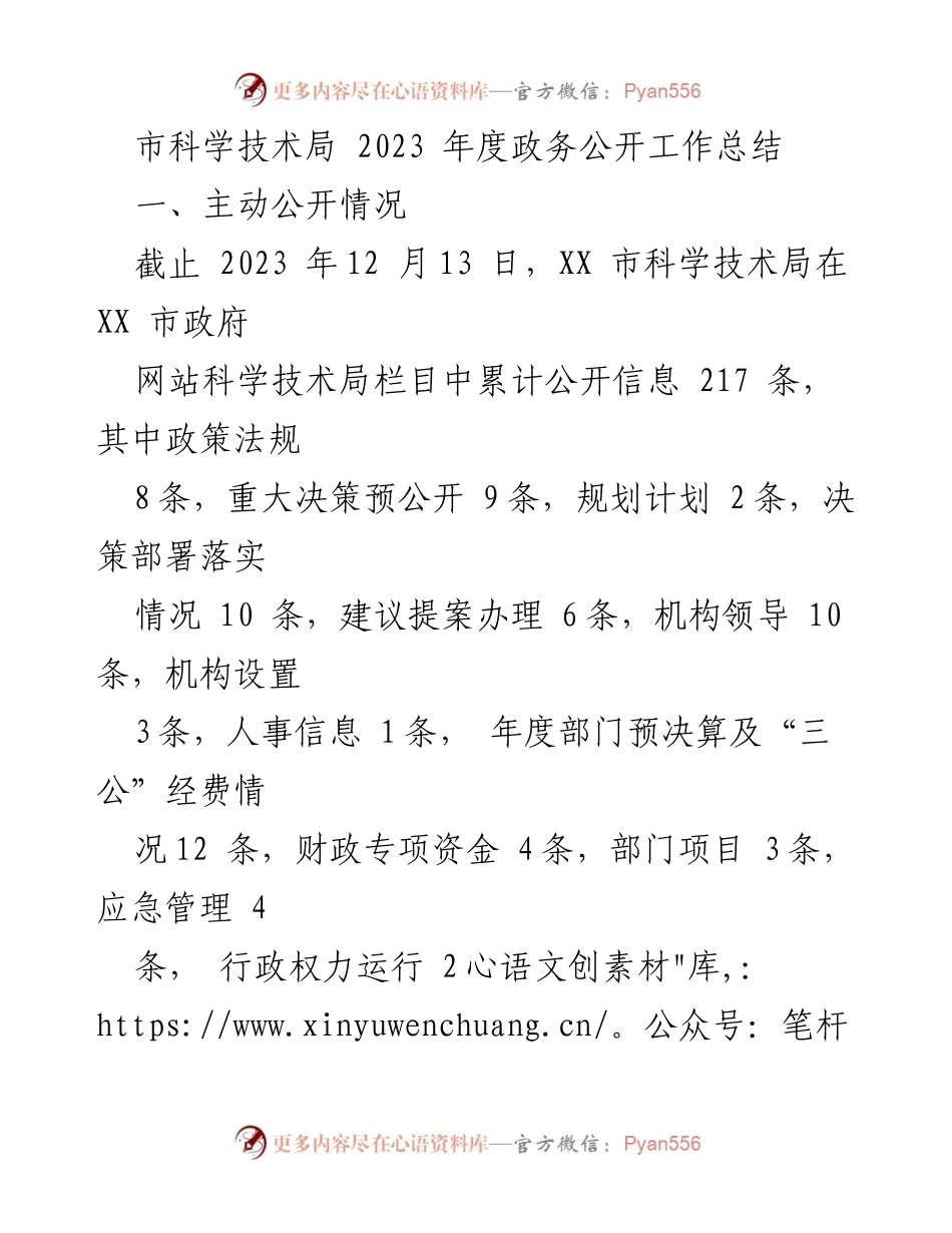 [工作总结] 政务公开 - XX市科学技术局2023年度政务公开工作总结.docx_第1页