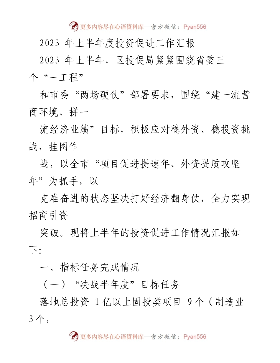 [工作总结] 投资促进局 - 2023年上半年投资促进工作汇报.docx_第1页