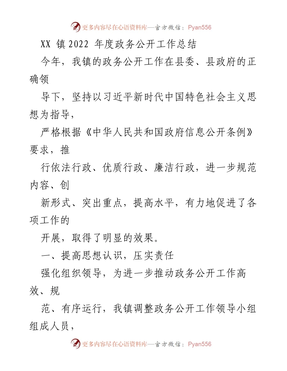 [工作总结] 政务公开 - XX镇2022年度政务公开工作总结.docx_第1页