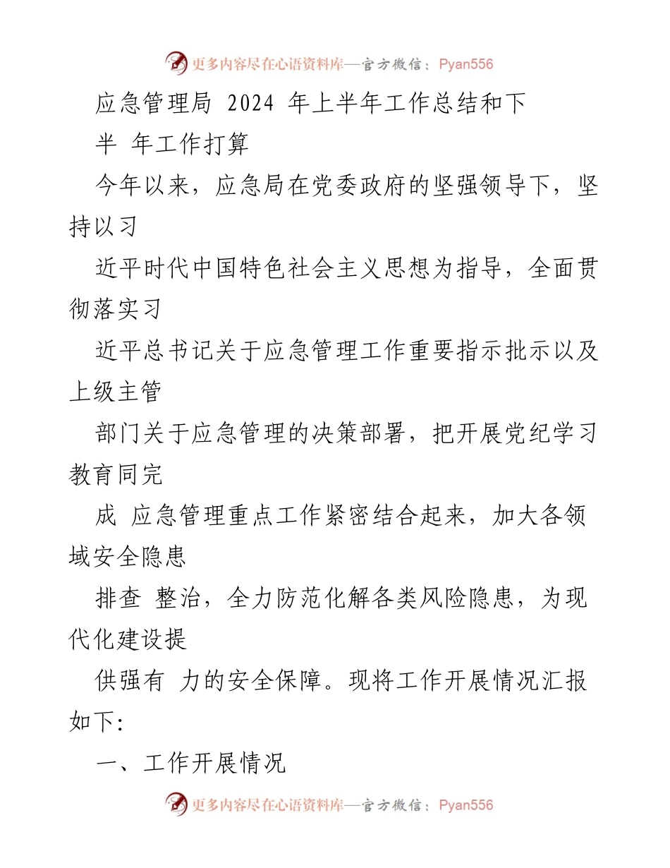 [工作总结] 应急管理局 - 2024年上半年工作总结与下半年工作计划_1.docx_第1页