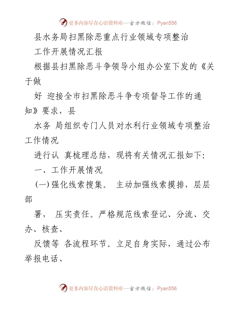 [工作总结] 扫黑除恶专项整治 - 县水务局水利行业扫黑除恶整治工作开展情况汇报.docx_第1页