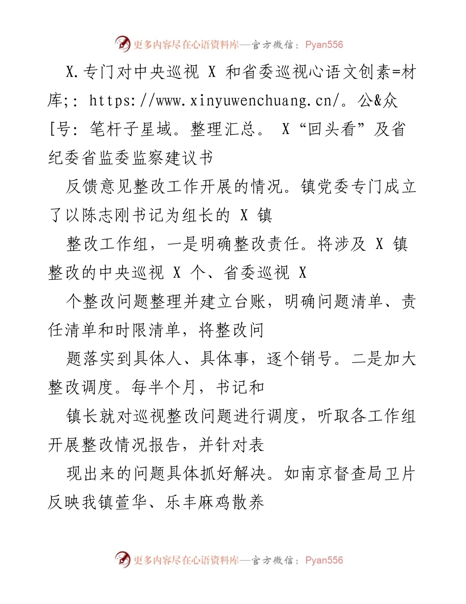 [工作总结] 整改工作 - X镇巡视及环保反馈问题整改工作总结.docx_第1页
