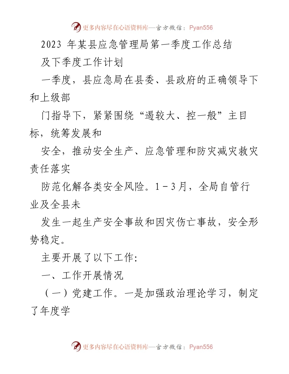 [工作总结] 应急管理 - 2023年第一季度应急管理局工作总结与下季度计划.docx_第1页
