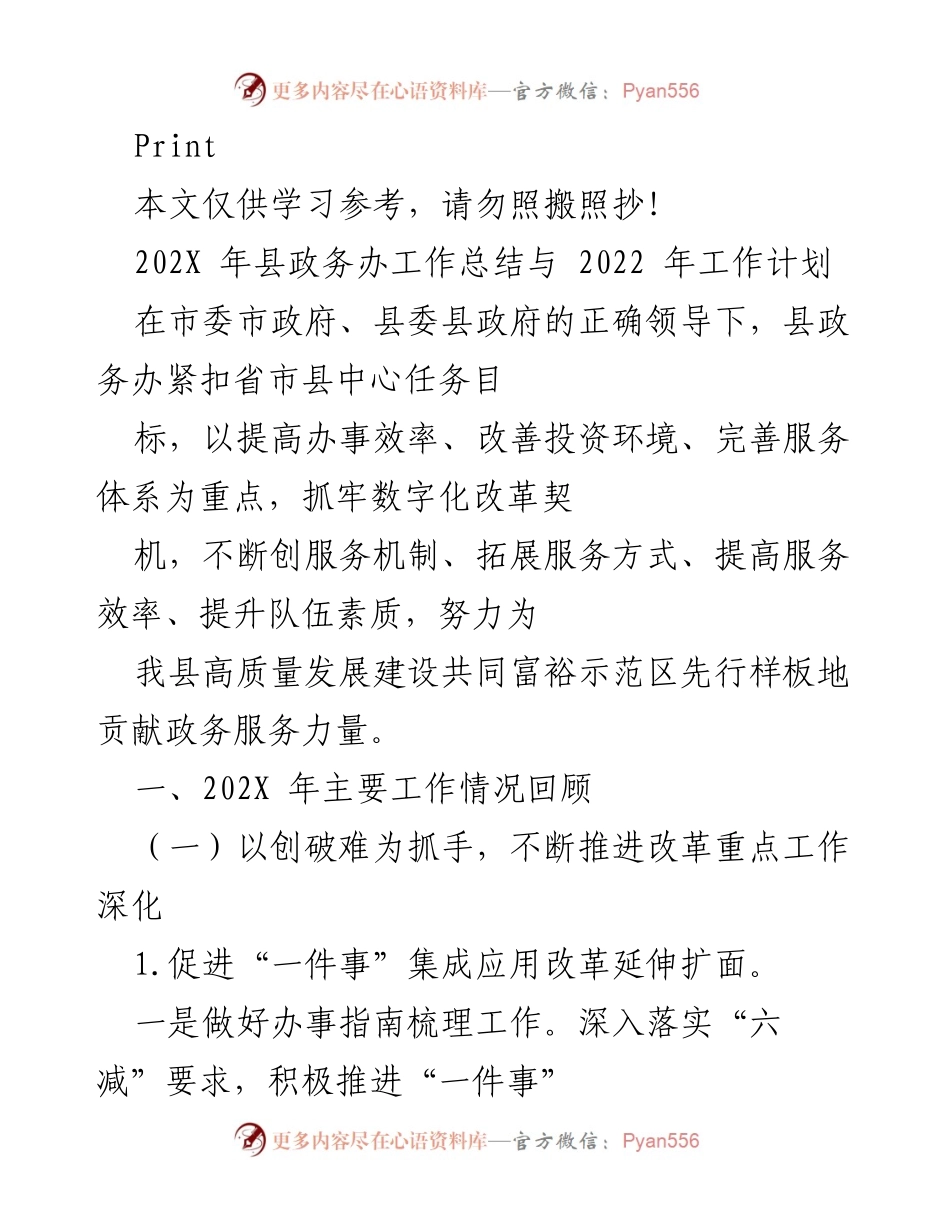 [工作总结] 政务办年度总结 - 202X年县政务办工作总结与2022年工作计划.docx_第1页