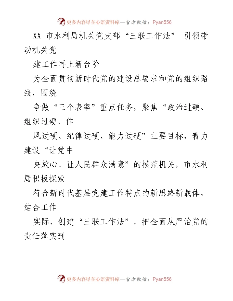[工作总结] 机关党建 - 市水利局机关党支部“三联工作法”的实践与成效.docx_第1页