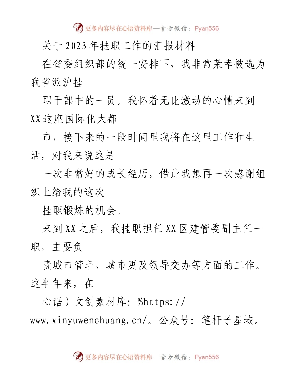 [工作总结] 挂职工作汇报 - 2023年挂职干部工作总结与经验分享.docx_第1页