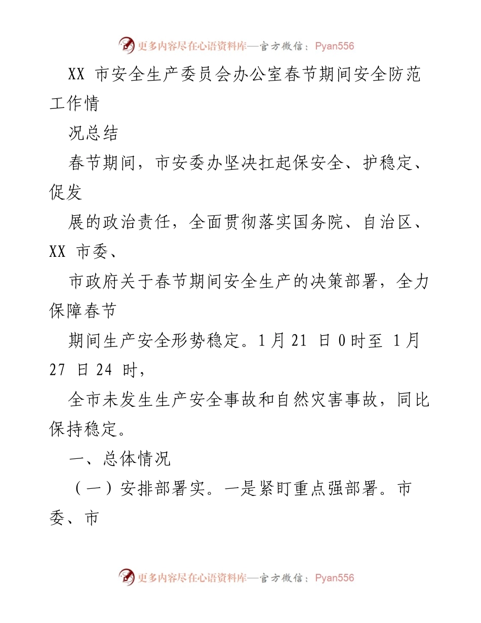 [工作总结] 春节期间 - XX市春节安全生产工作总结.docx_第1页