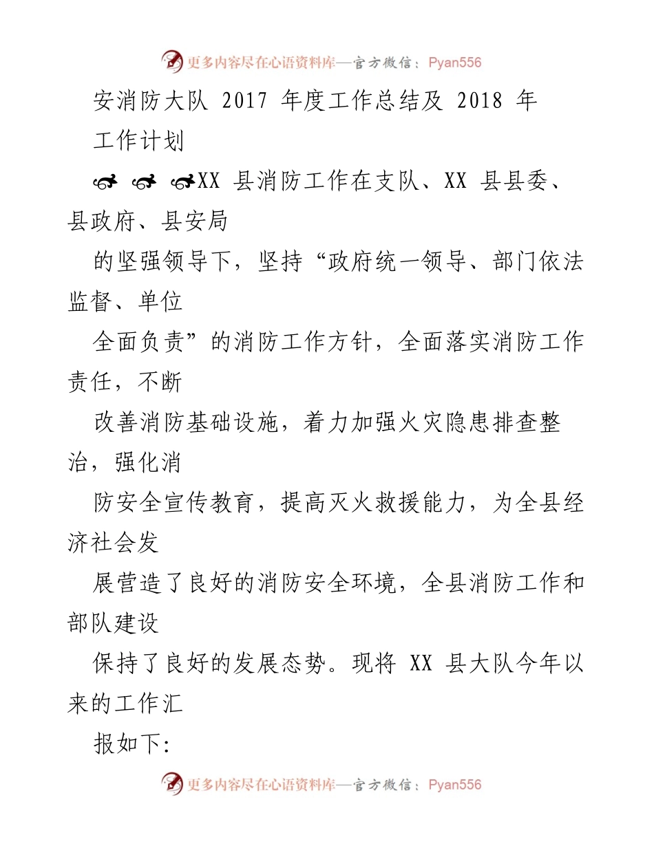 [工作总结] 年度总结 - XX县消防大队2017年度工作总结与2018年工作计划.docx_第1页