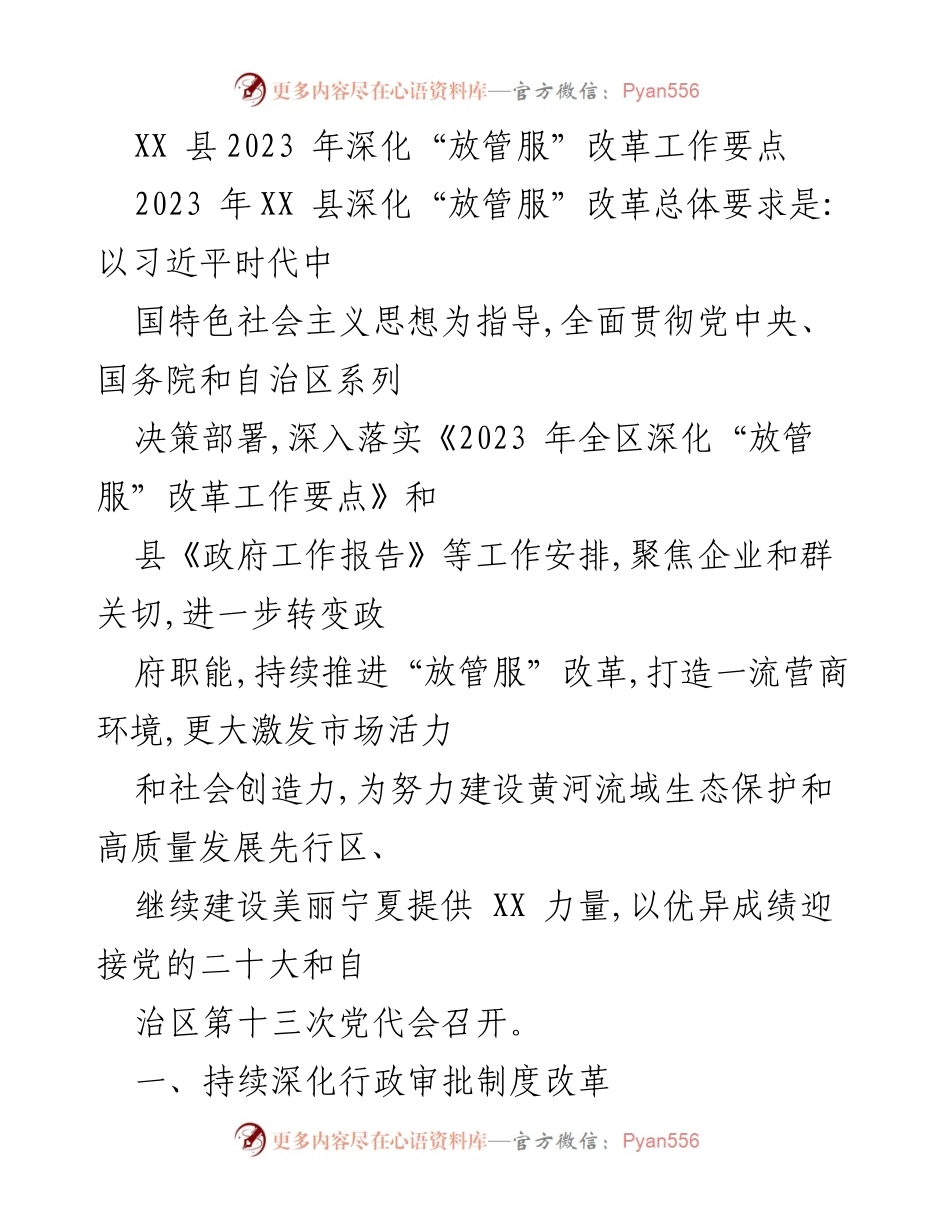 [工作总结] 政府改革 - XX县2023年深化“放管服”改革工作要点总结.docx_第1页