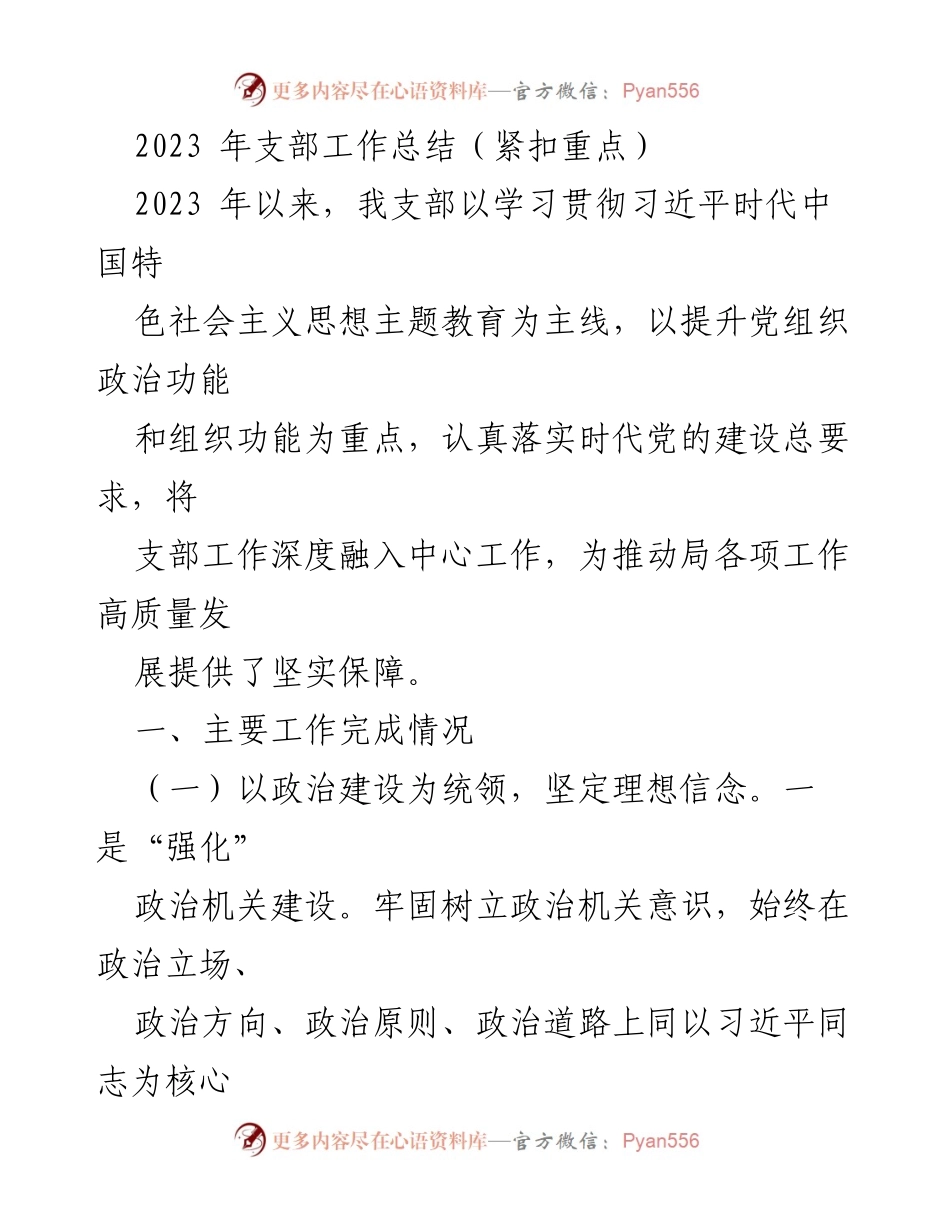 [工作总结] 支部工作 - 2023年支部工作总结与政治建设成效分析.docx_第1页
