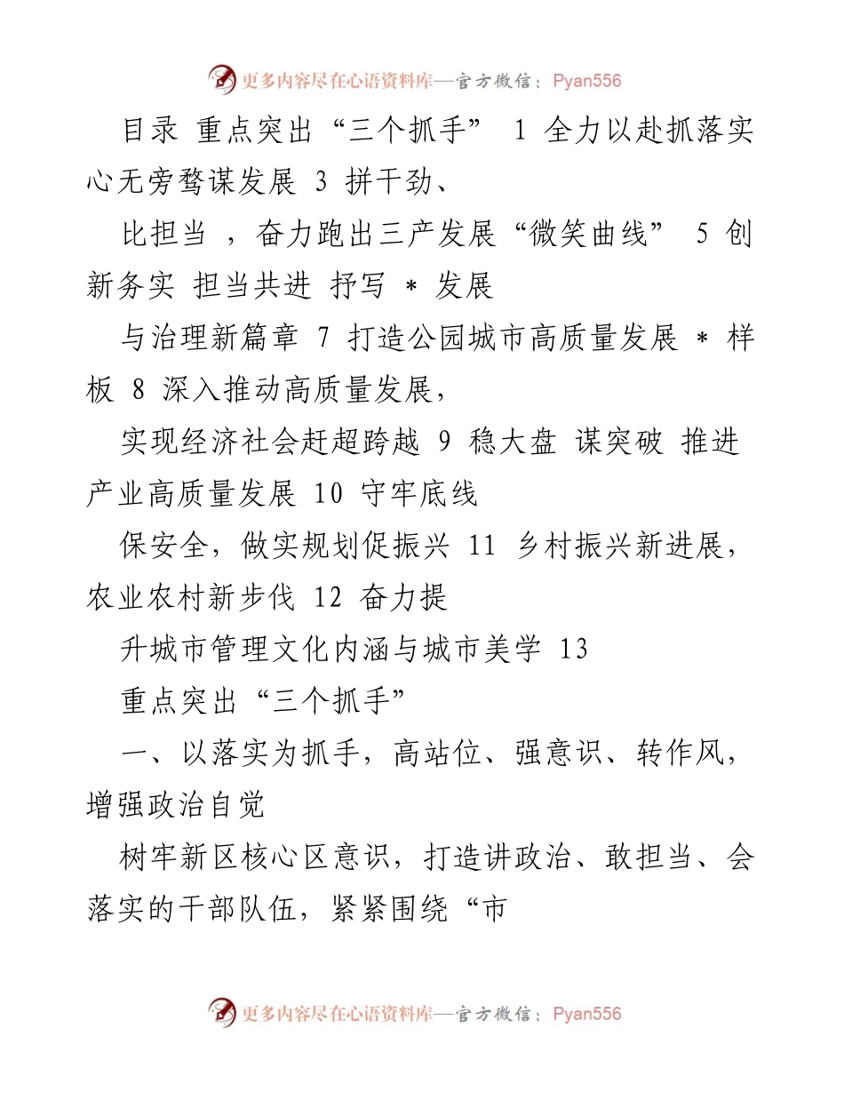 [工作总结] 新区发展会议 - 全面落实“三个抓手”推动高质量发展.docx_第1页