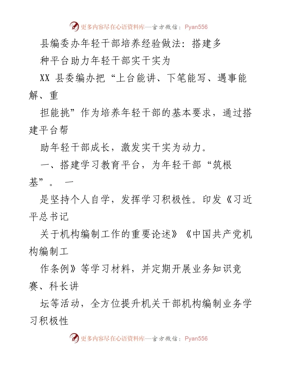 [工作总结] 年轻干部培养 - 搭建多元平台，助力年轻干部成长.docx_第1页
