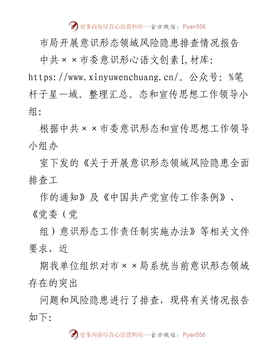 [工作总结] 意识形态风险隐患排查 - 市局意识形态领域风险隐患排查情况报告.docx_第1页