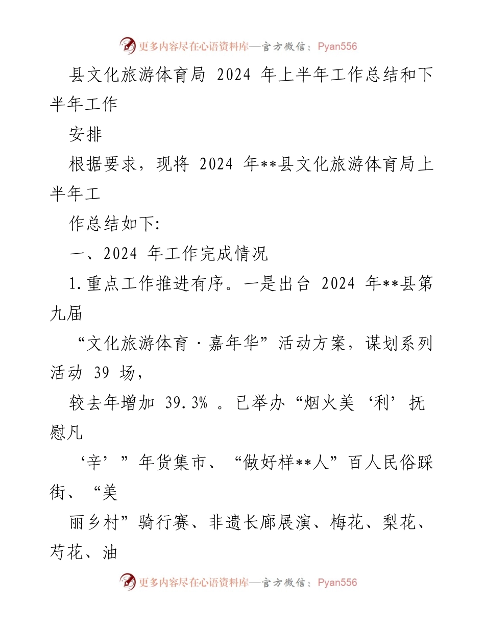 [工作总结] 文化旅游体育局 - 2024年上半年工作总结及下半年安排.docx_第1页