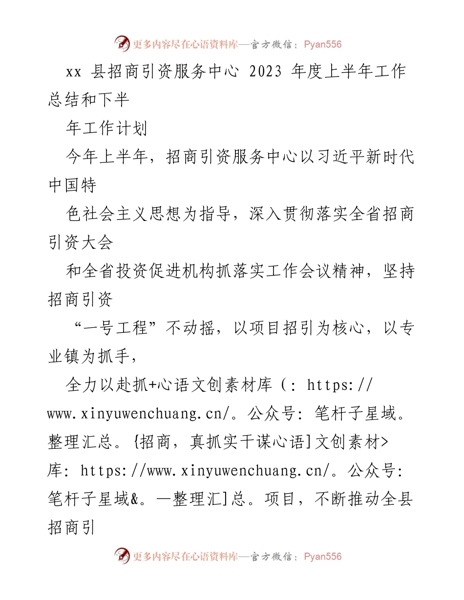 [工作总结] 招商引资服务中心 - 2023年度上半年招商引资工作总结与下半年计划.docx_第1页