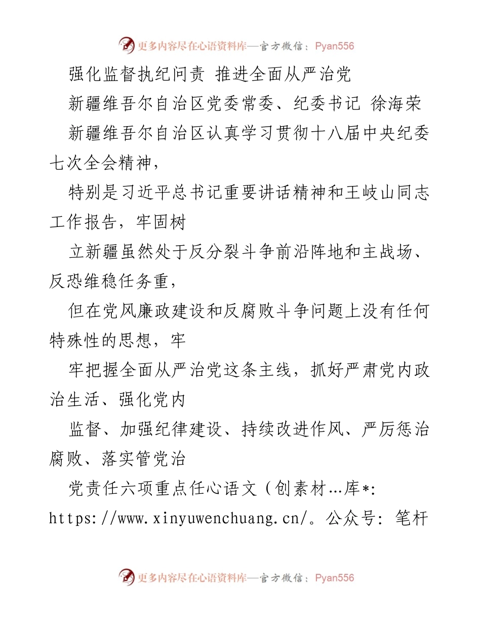 [工作总结] 新疆维吾尔自治区党委 - 强化监督执纪问责 保障全面从严治党.docx_第1页