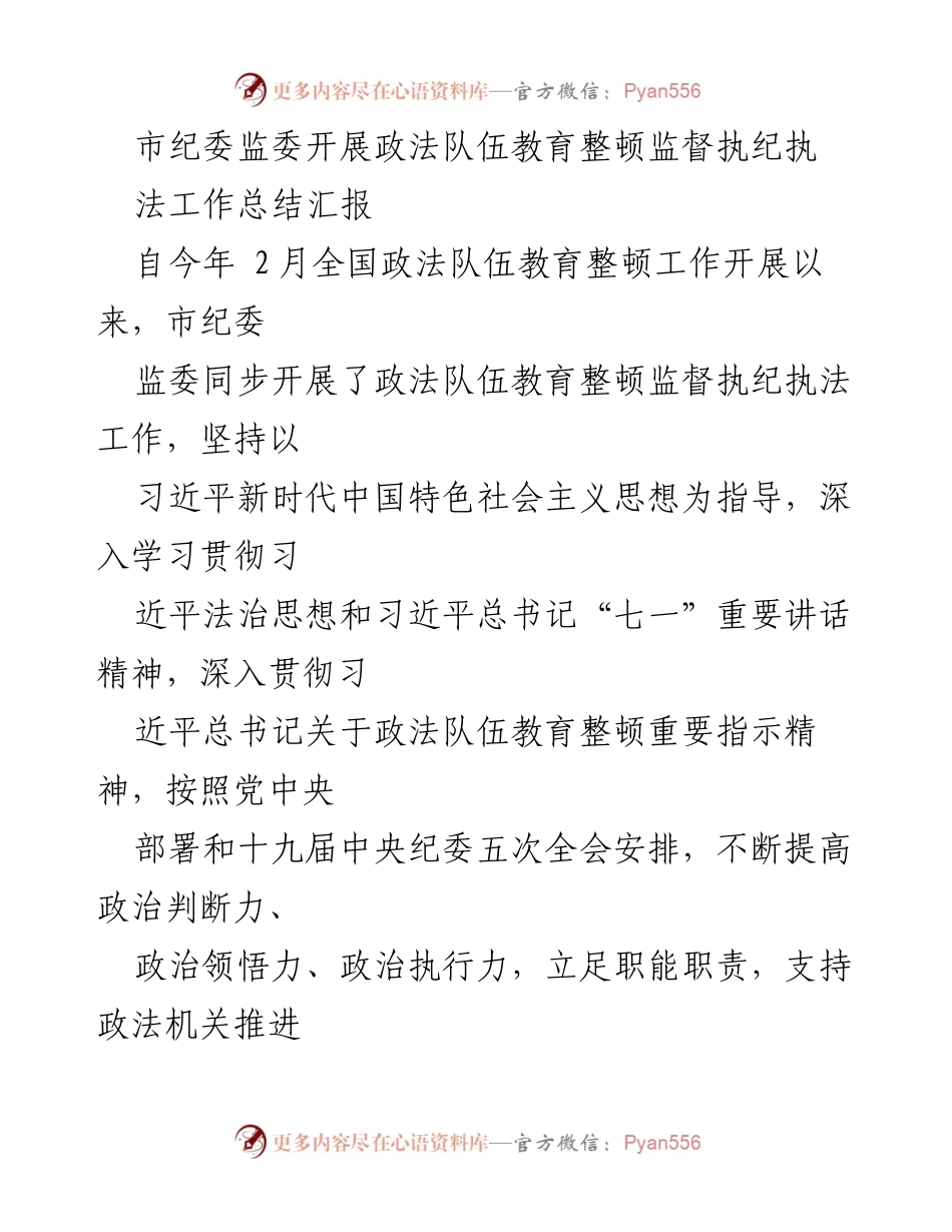 [工作总结] 政法队伍教育整顿 - 市纪委监委监督执纪执法工作总结报告.docx_第1页