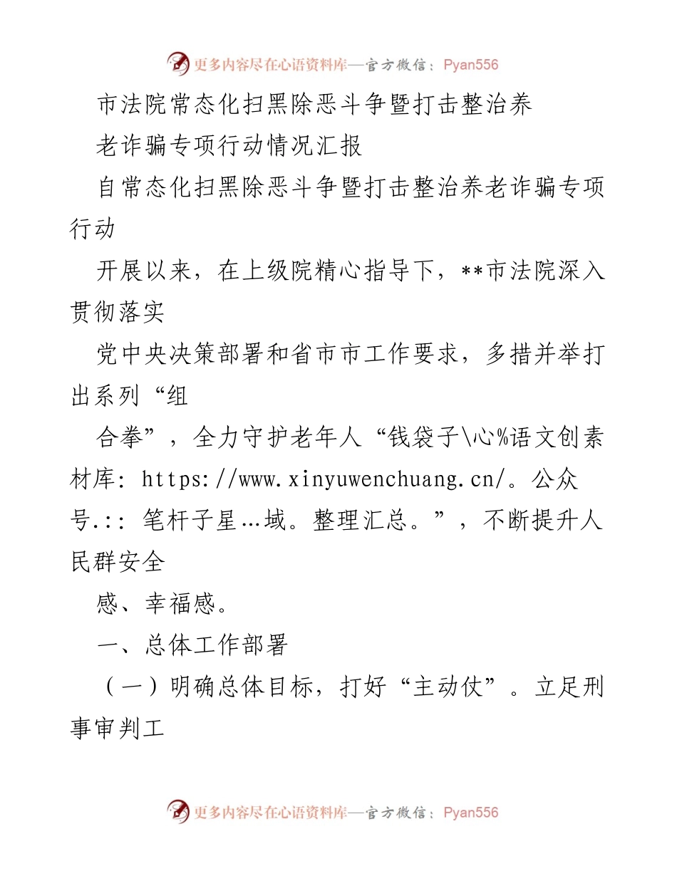 [工作总结] 执法行动 - 市法院扫黑除恶与养老诈骗专项行动情况汇报.docx_第1页