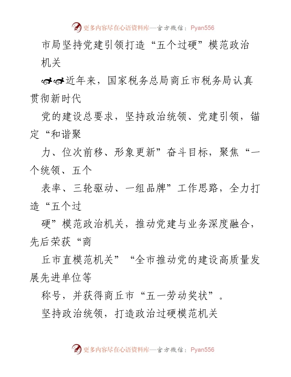 [工作总结] 税务局党建工作 - 商丘市税务局党建引领“五个过硬”模范政治机关建设总结.docx_第1页